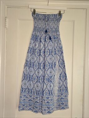 Paradise USA Paisley Midi Dress Womens S Blue White Strapless Smocked Sundress